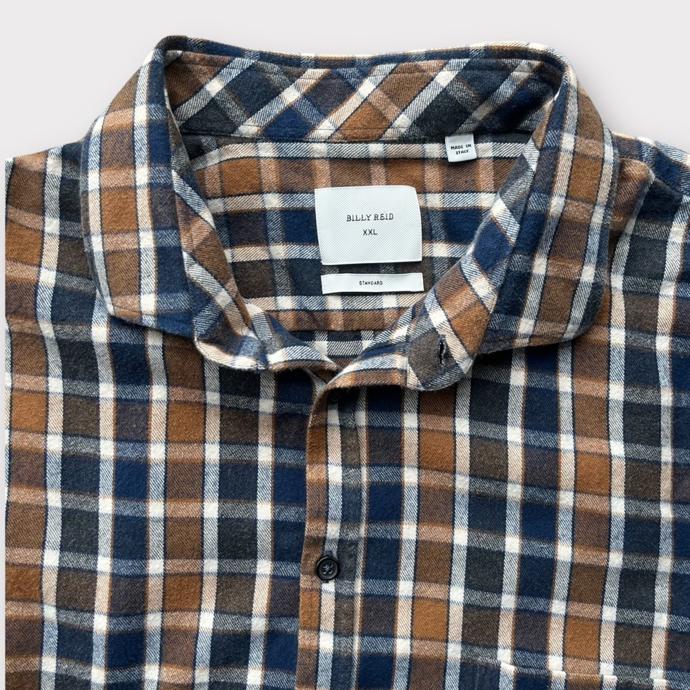 Billy Reid Plaid Flannel Button Down Shirt Men’s XXL Brown Blue Standard Fit